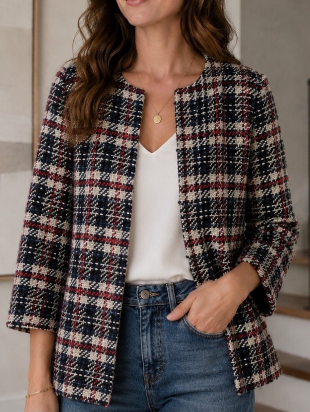 Lord & Taylor Bouclé Tweed Plaid Blazer Jacket Open Front 3/4 Sleeve Sz. 10